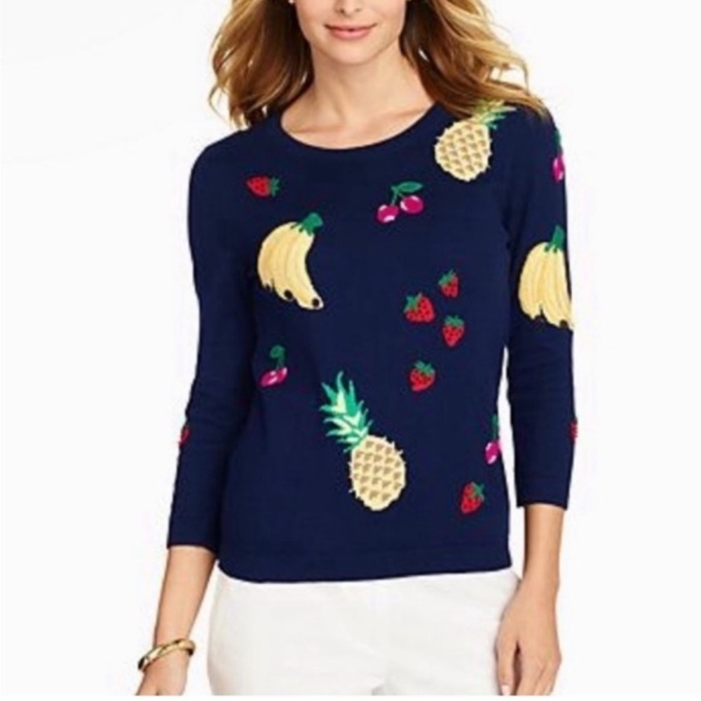 Talbots Navy Sweater with Fruit Embroidery Cotton Blend Size MP